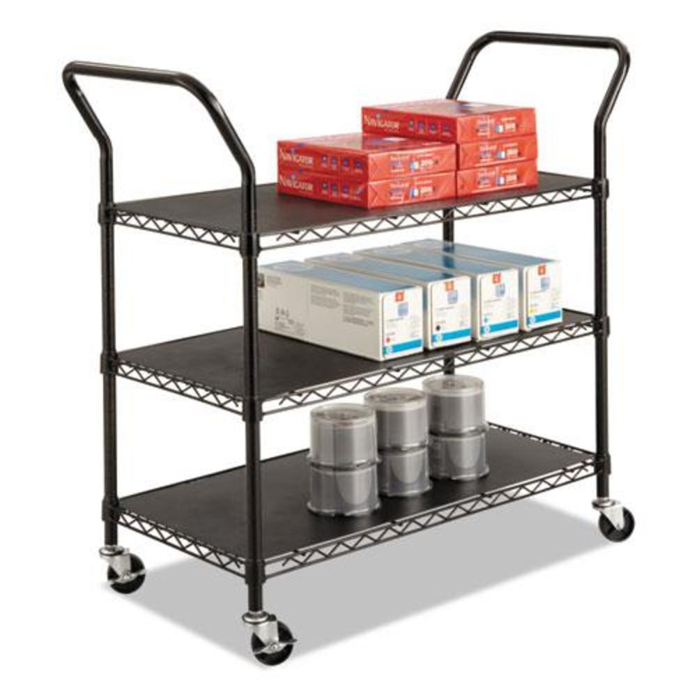 Safco Wire Utility Cart, Metal, 3 Shelves, 600 lb Capacity, 43.75" x 19.25" x 40.5", Black