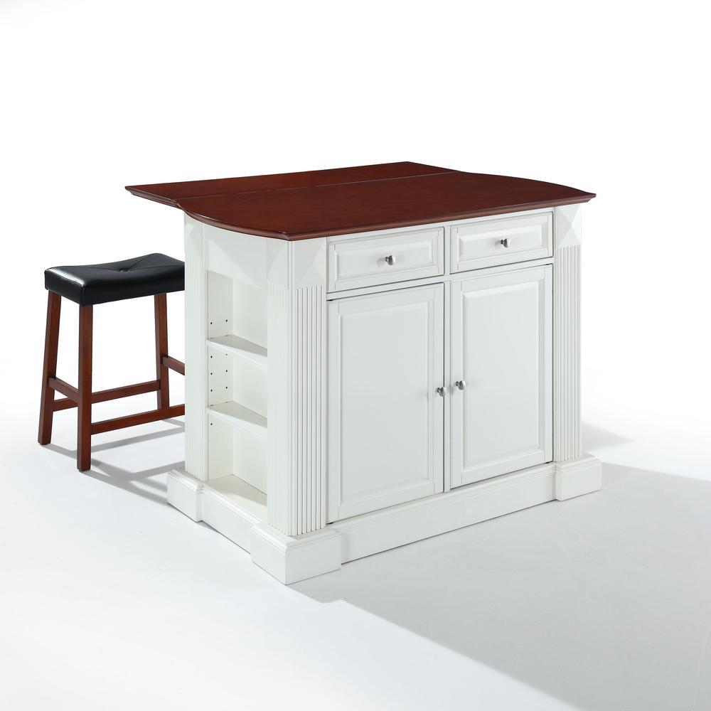 Crosley Furniture Coventry Drop Leaf Top Kitchen Island W/Uph Saddle Stools White/Cherry - Kitchen Island, 2 Counter Height Bar Stools