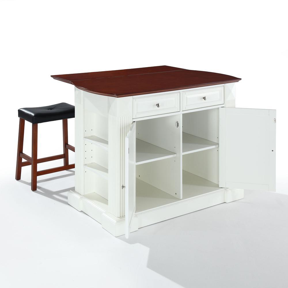 Crosley Furniture Coventry Drop Leaf Top Kitchen Island W/Uph Saddle Stools White/Cherry - Kitchen Island, 2 Counter Height Bar Stools