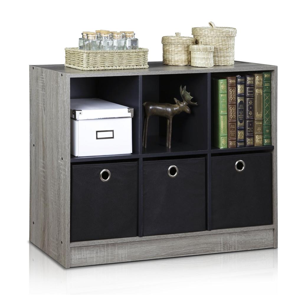 FURINNO Basic 3x2 Bookcase Storage w/Bins, French Oak Grey/Black