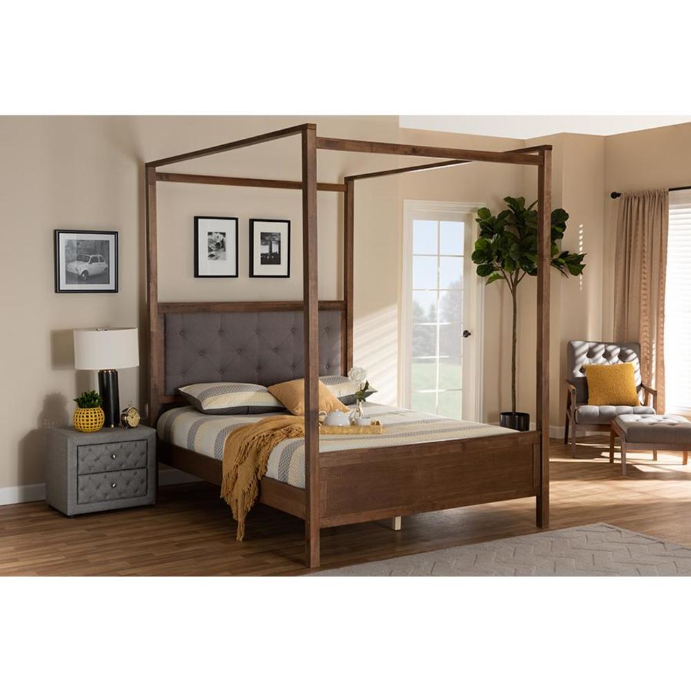 Baxton Studio Natasha Modern and Contemporary Grey Fabric Upholstered and Walnut Brown Finished Wood King Size Platform Canopy Bed