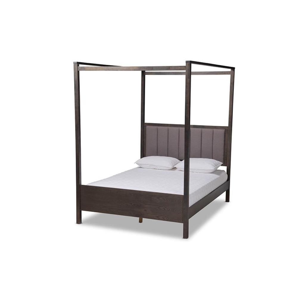 Baxton Studio Natasha Modern and Contemporary Grey Fabric Upholstered and Dark Grey Oak Finished Wood Queen Size Platform Canopy Bed
