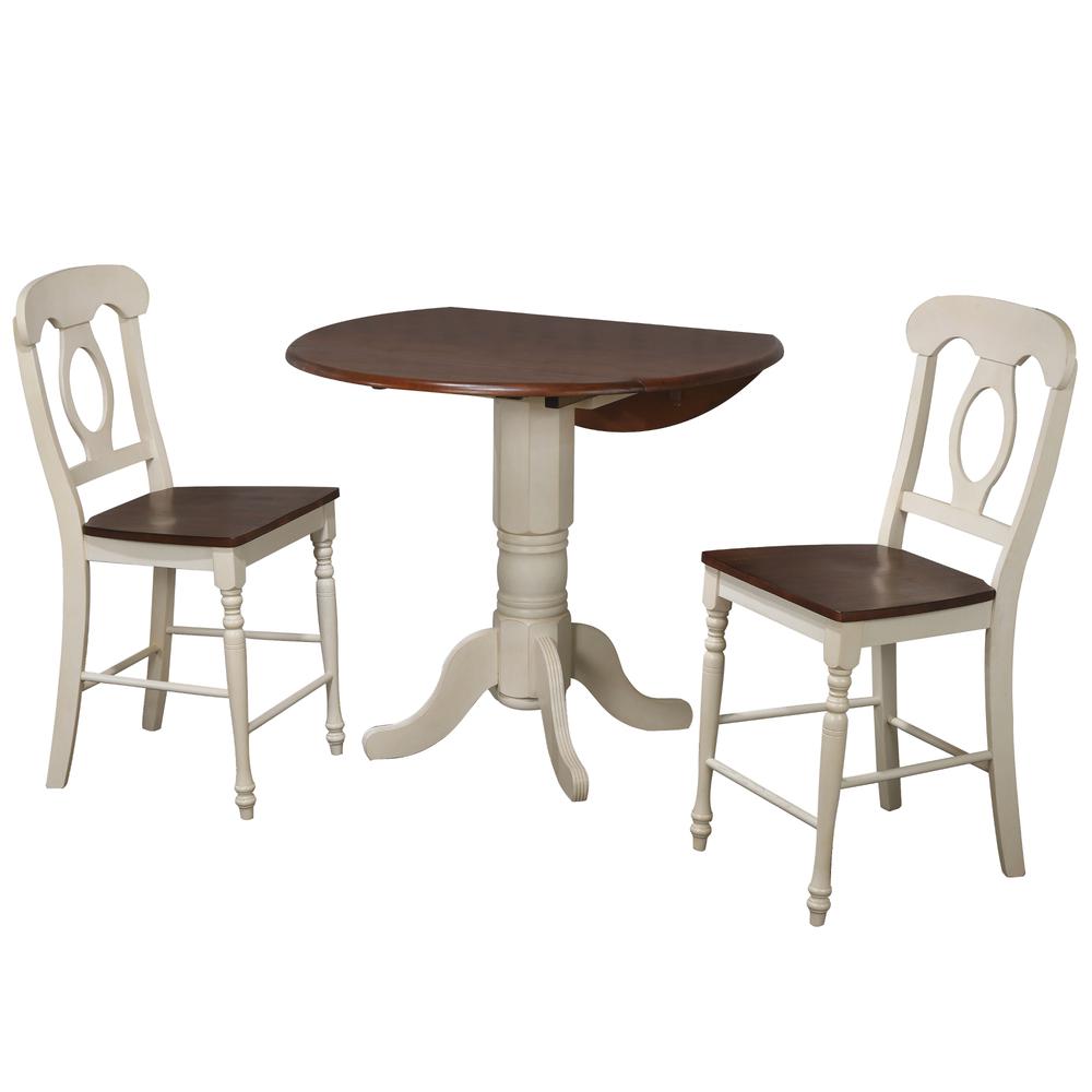 Sunset Trading Andrews 3 Piece 42" Round Drop Leaf Pub Table Set | Antique White and Chestnut Brown | Napoleon Stools | Seats 6