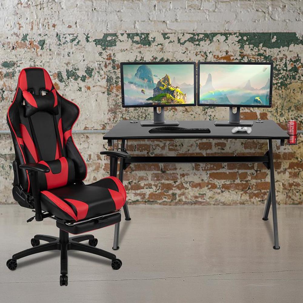 Flash Furniture Black Gaming Desk and Red/Black Footrest Reclining Gaming Chair Set with Cup Holder, Headphone Hook & 2 Wire Management Holes