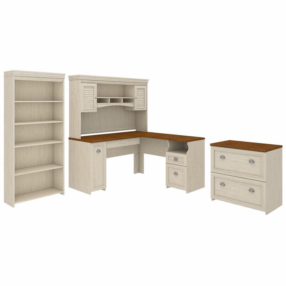 Bush Furniture Fairview 60W L Shaped Desk with Hutch, Lateral File Cabinet and 5 Shelf Bookcase, Antique White