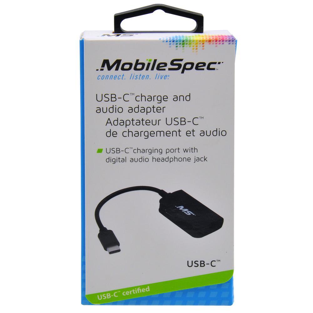 MobileSpec USB-C(R) Charger and Audio Adapter MBS05102 - Type C to 3.5mm Aux Audio Headphone Adapter Charger - Black