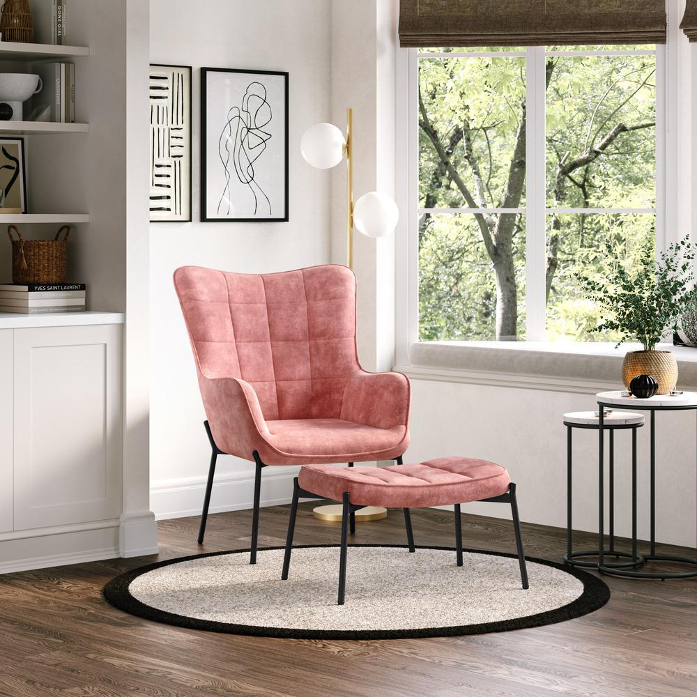 CorLiving Velvet Accent Chair with Stool, Pink Salmon
