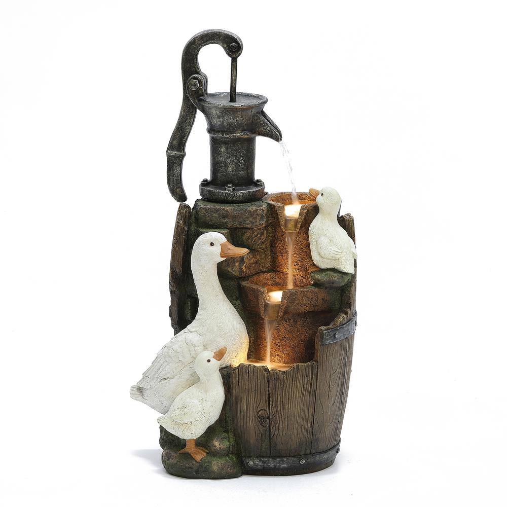 LuxenHme Farmhouse Pump and Duck Family Resin Outdoor Fountain with LED Lights