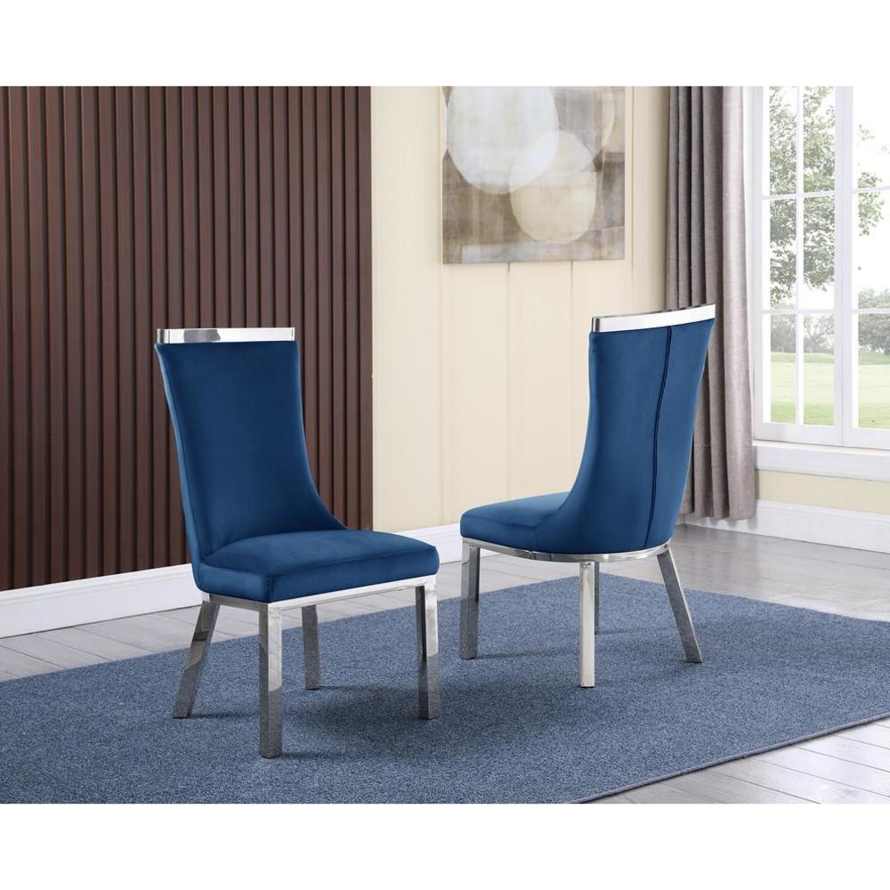Best Quality Furniture Upholstered dining chiars set of 2 in Navy blue velvet fabric with stainless steel base