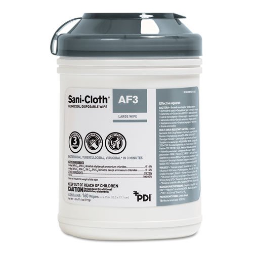 Sani Professional Sani-Cloth AF3 Germicidal Disposable Wipes, 6 x 6.75, White, 160 Wipes/Canister, 12 Canisters/Carton