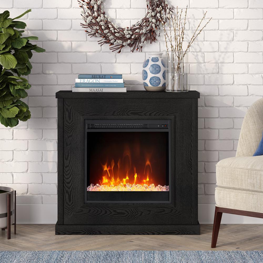 Hudson&Canal Santos 30" Wide Mantel Fireplace with Crystal Fireplace Insert in Black Grain