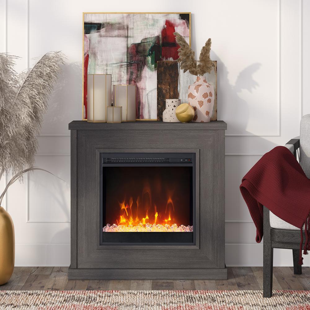 Hudson&Canal Santos 30" Wide Mantel Fireplace with Crystal Fireplace Insert in Charcoal Gray