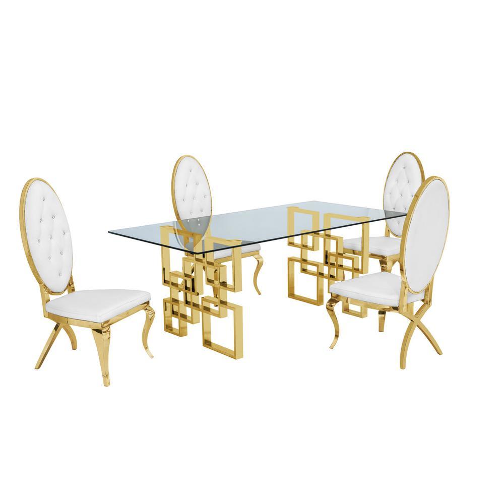 Best Quality Furniture Classic 5 Piece Dining Set With Glass Table Top and Stainless Steel Legs w/ Tufted Faux Crystal, White