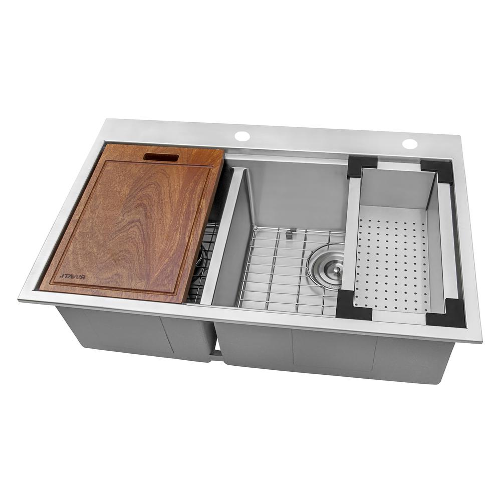 Ruvati 33 x 22 inch Workstation Drop-in 40/60 Double Bowl Topmount Rounded Corners Kitchen Sink