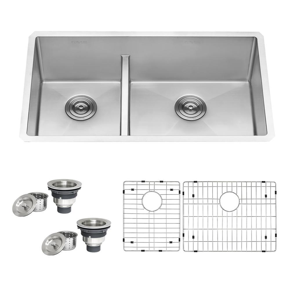 Ruvati 33-inch Low-Divide Undermount 40/60 Double Bowl 16 Gauge Rounded Corners Stainless Steel Kitchen Sink