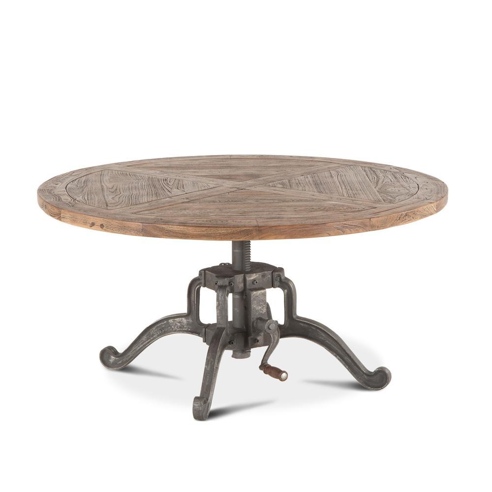 World Interiors Artezia 42-Inch Round Coffee Table with Reclaimed Teak Top and Adjustable Crank