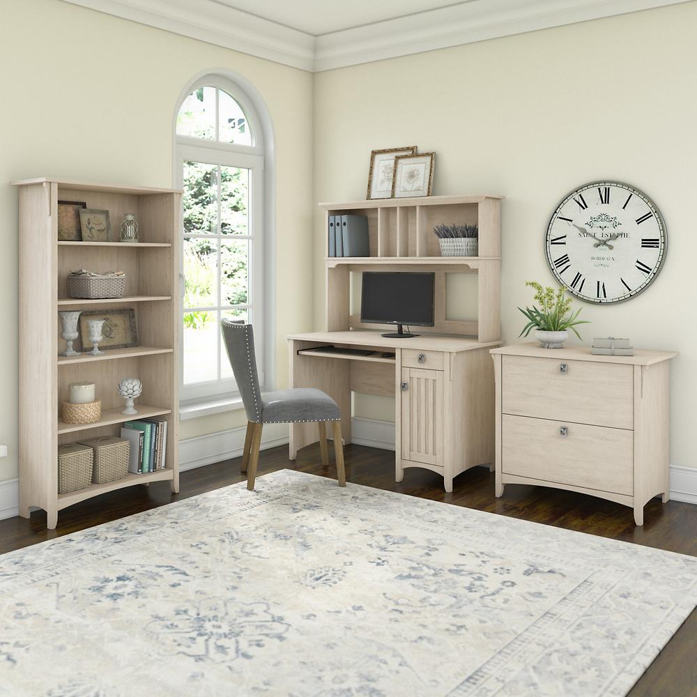 Bush Furniture Desk with Hutch, Lateral File Cabinet and 5 Shelf Bookcase Antique White