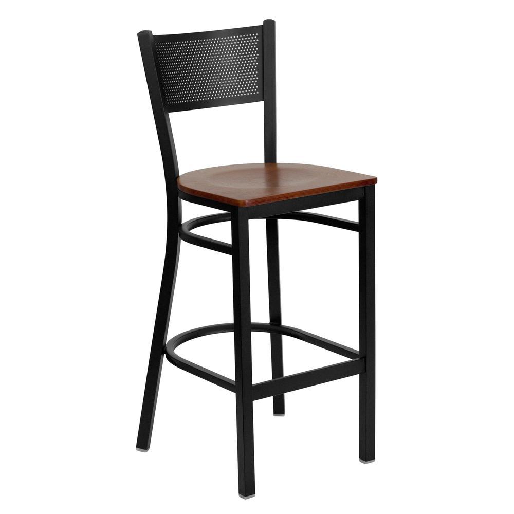 Flash Furniture HERCULES Series Black Grid Back Metal Restaurant Barstool - Cherry Wood Seat