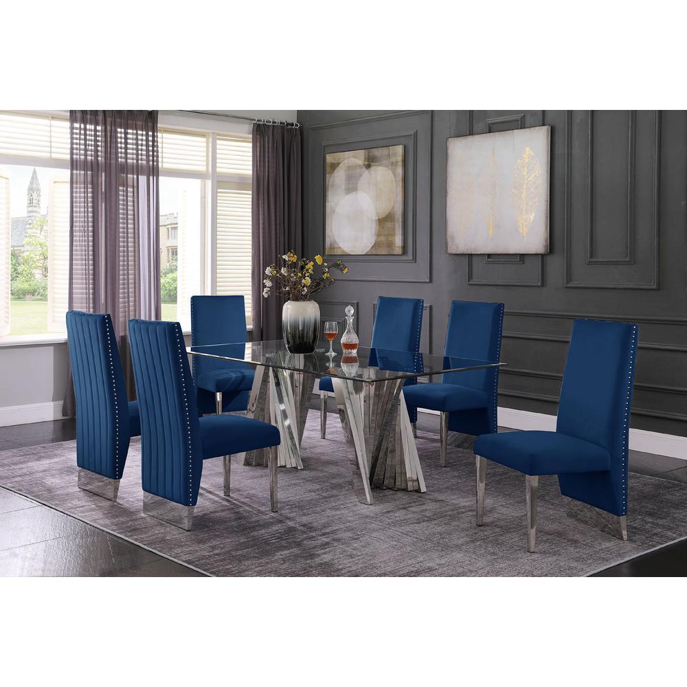Best Quality Furniture Classic 7pc Dining Set w/Pleated Side Chair, Glass Table w/ Silver Spiral Base, Navy Blue