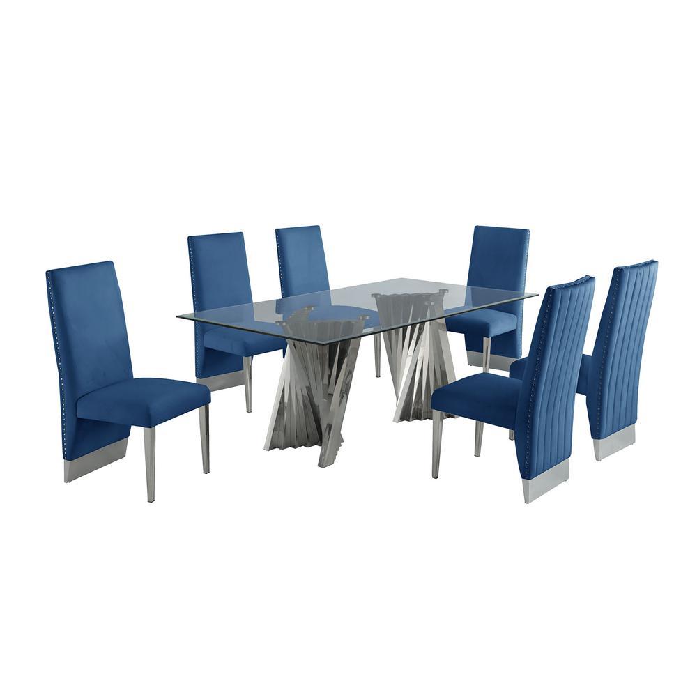 Best Quality Furniture Classic 7pc Dining Set w/Pleated Side Chair, Glass Table w/ Silver Spiral Base, Navy Blue
