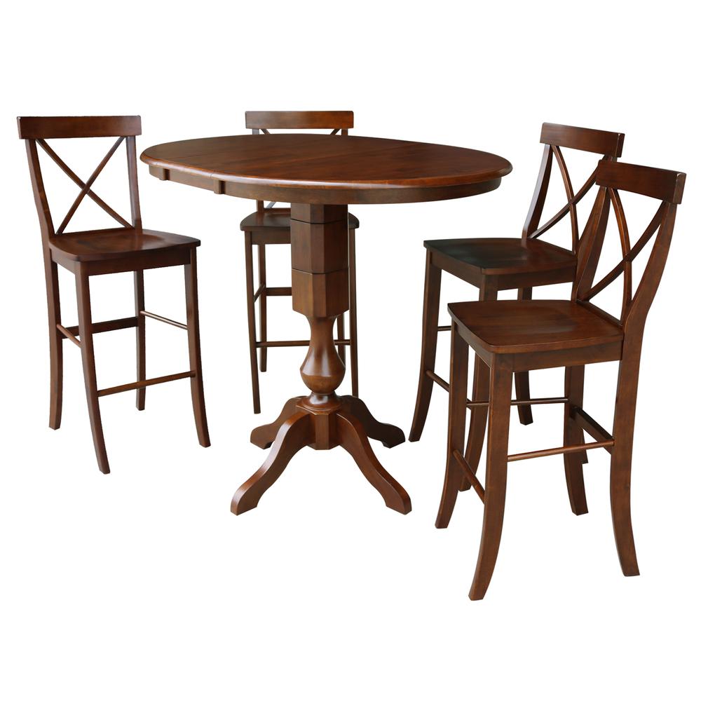International Concepts 36" Round Extension Dining Table 40.9"H With 4 X-Back Bar height Stools, Espresso