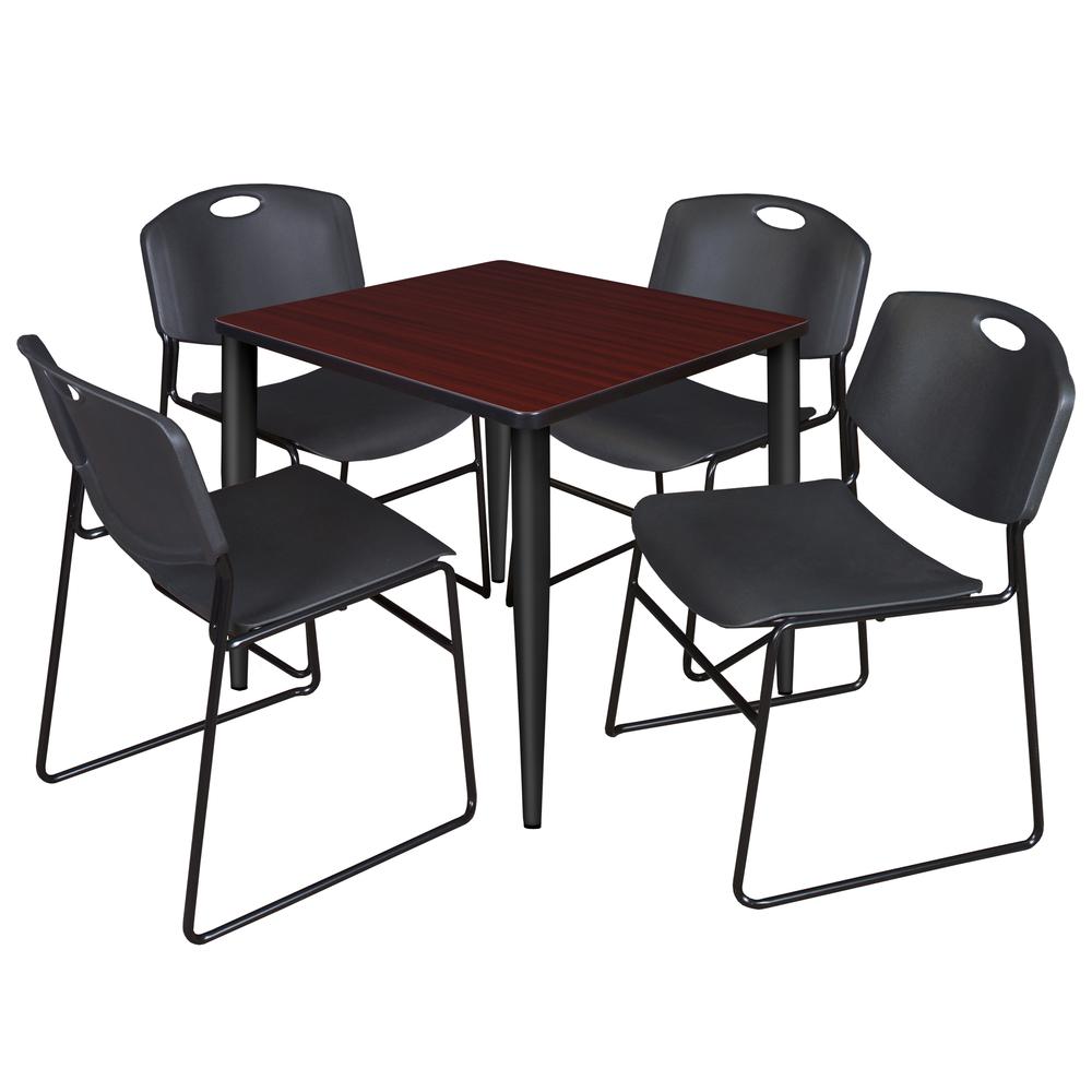 Regency Kahlo 30 in. Square Breakroom Table- Mahogany Top, Black Base & 4 Zeng Stack Chairs- Black