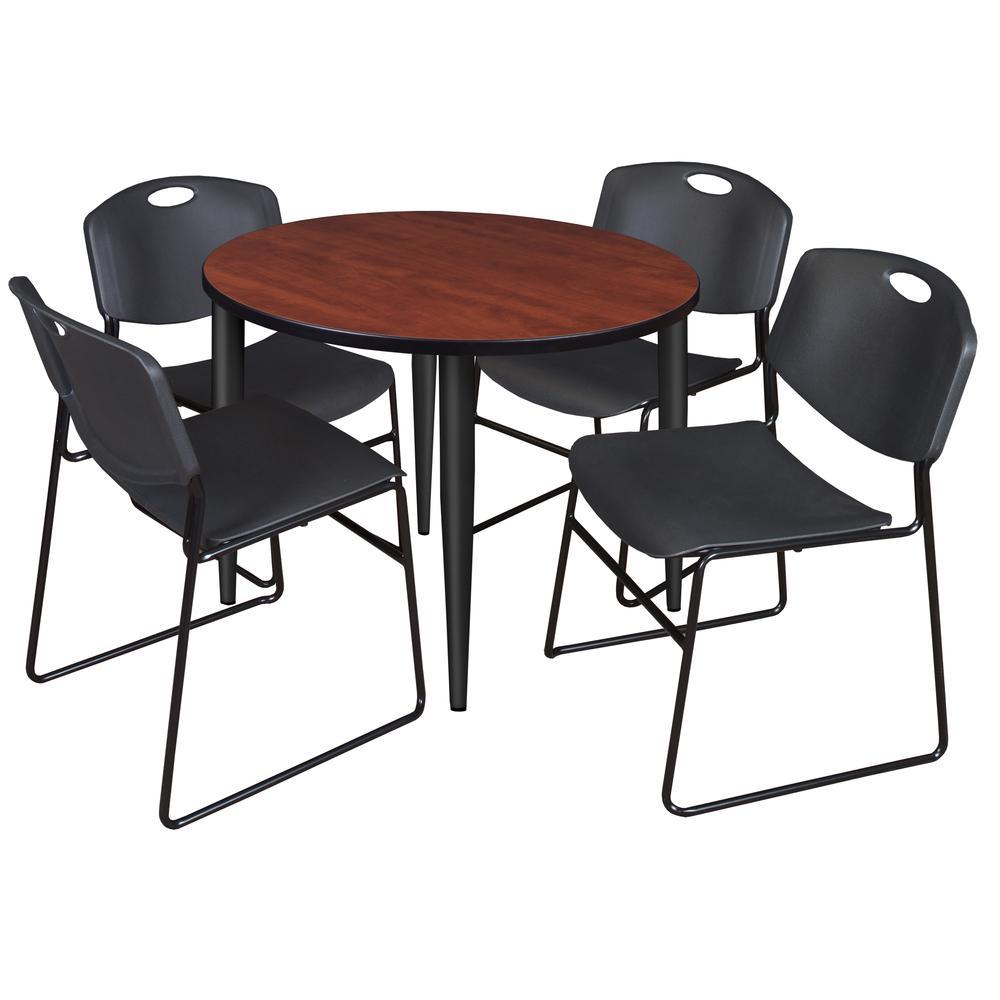Regency Kahlo 36 in. Round Breakroom Table- Cherry Top, Black Base & 4 Zeng Stack Chairs- Black