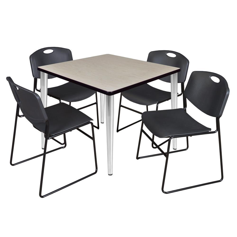 Regency Kahlo 42 in. Square Breakroom Table- Maple Top, Chrome Base & 4 Zeng Stack Chairs- Black