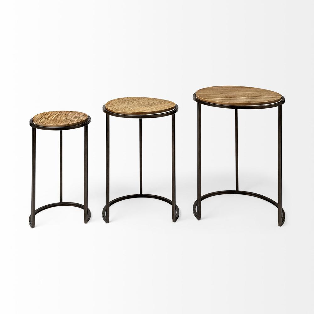 Homeroots Living Room Set of 3 Brown Wood Round Top Accent Tables with Iron Nesting - 380715