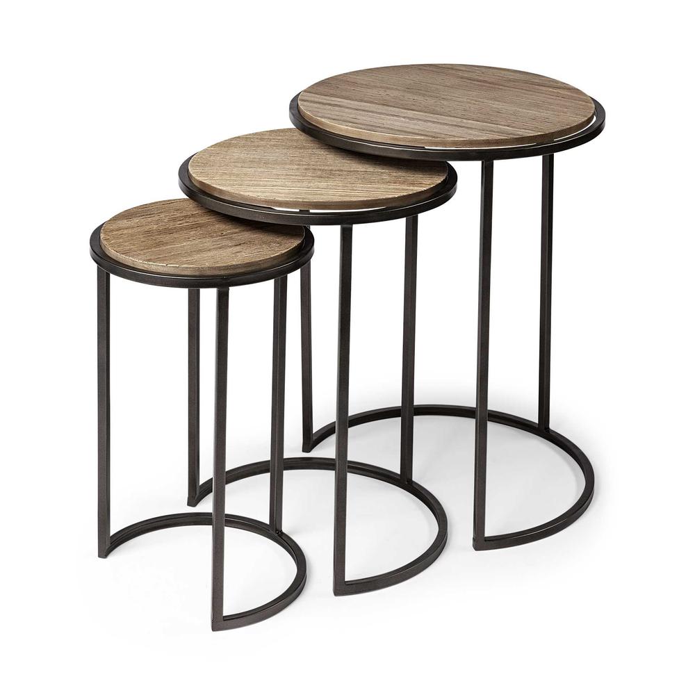 Homeroots Living Room Set of 3 Brown Wood Round Top Accent Tables with Iron Nesting - 380715