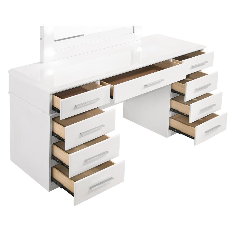 Coaster Felicity 9-Drawer Vanity Desk With Lighted Mirror Glossy White