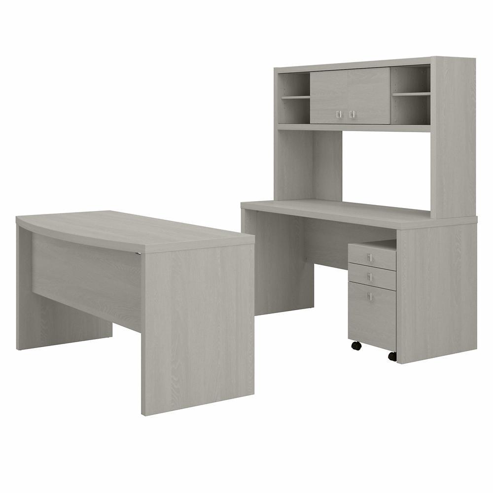 Bush Furniture Echo Bow Front Desk, Credenza with Hutch and Mobile File Cabinet in Gray Sand