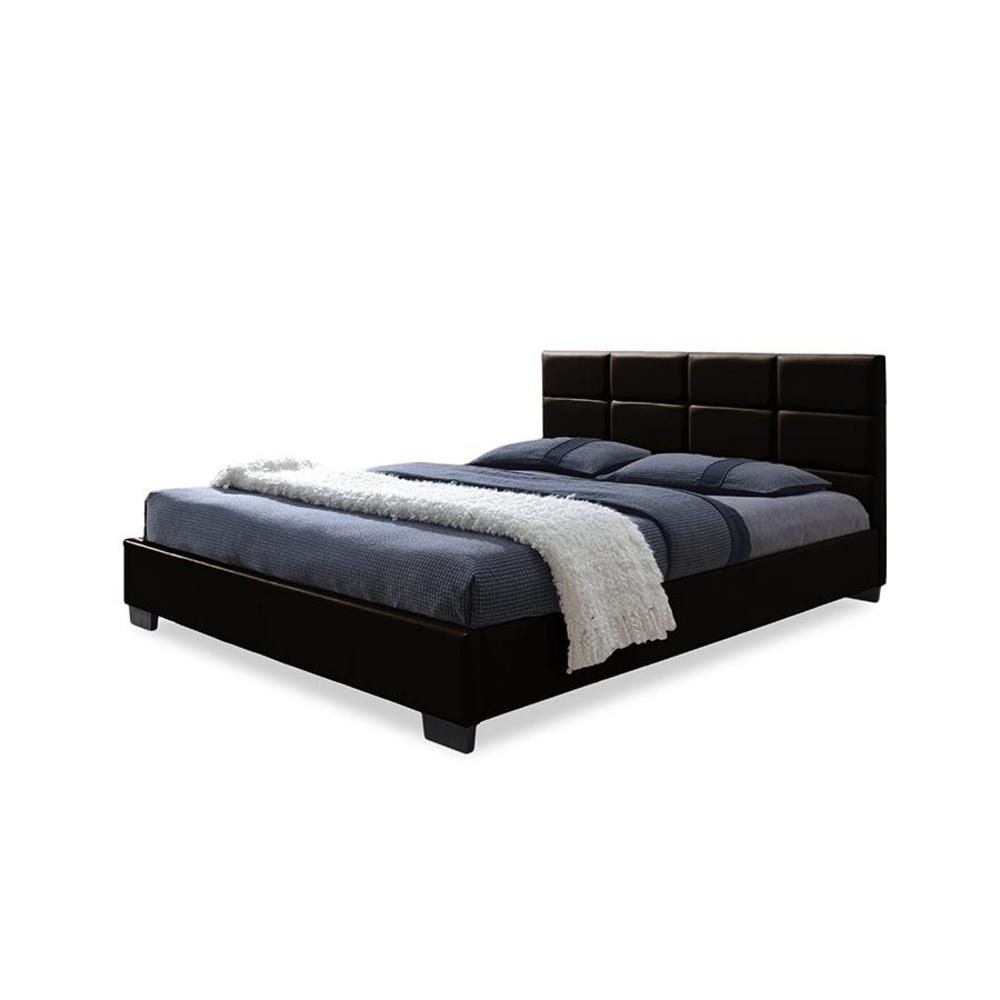 Baxton Studio Vivaldi Modern and Contemporary Dark Brown Faux Leather Padded Platform Base Queen Size Bed Frame