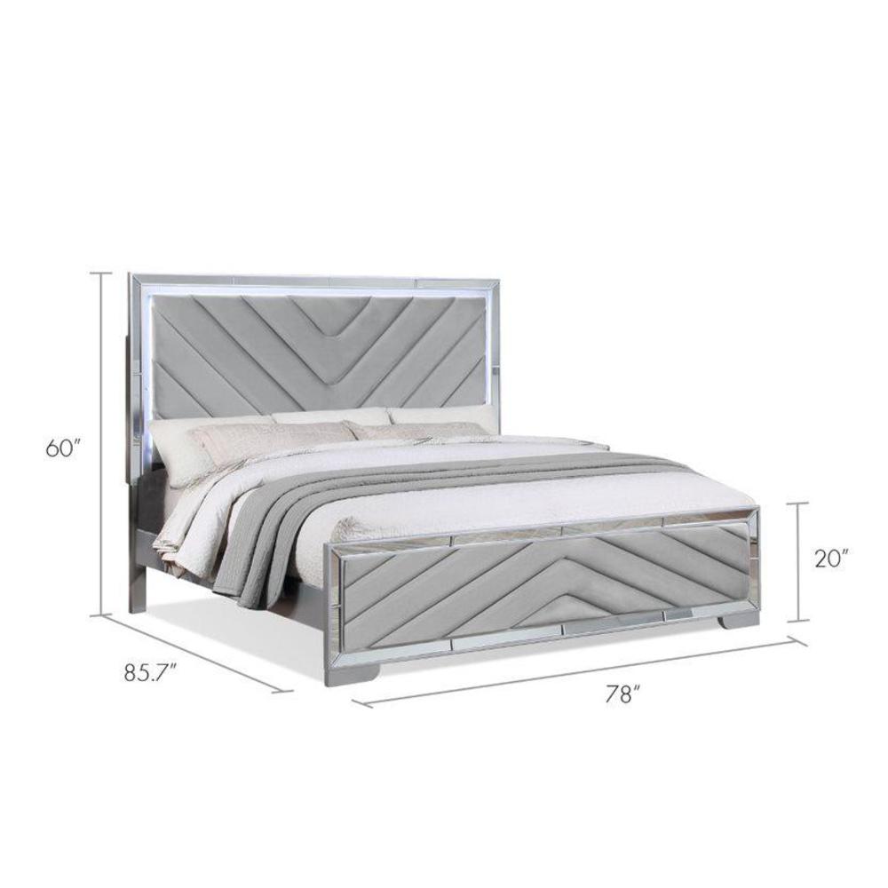 Reve & Belle 4pc Mirrored Trim  King Bedroom Set with LED Lights, Silver