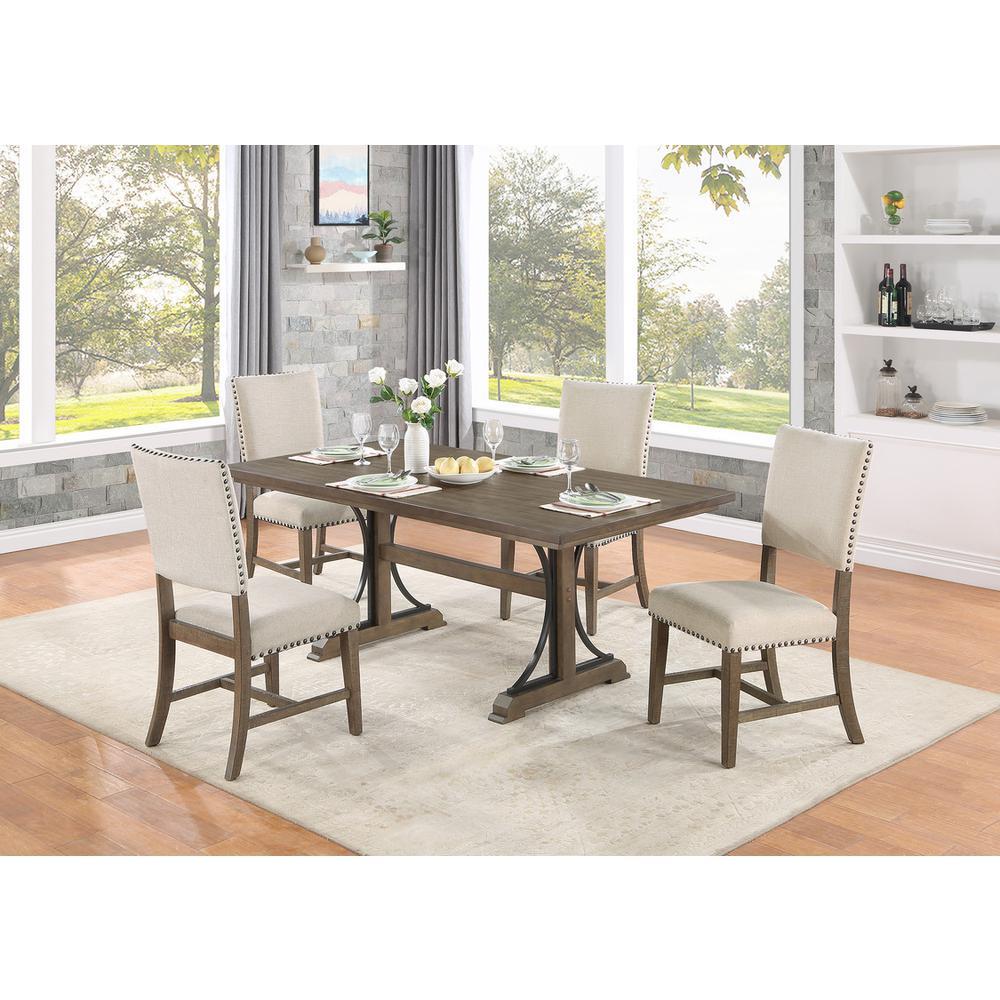 Best Quality Furniture Upholstered dining chiar in brown oak and beige linen (SET OF 2)