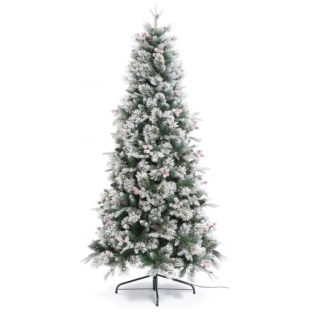 LuxenHome 6.5Ft Pre-Lit Flocked Artificial Christmas Tree with Berries and Pine Cones