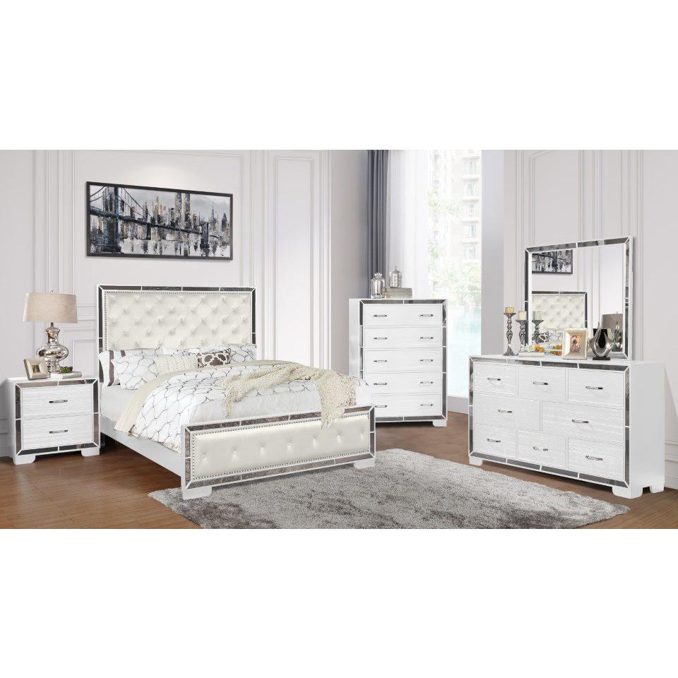Reve & Belle Anzell 5pc Queen Bedroom Set with Mirror Trim, White