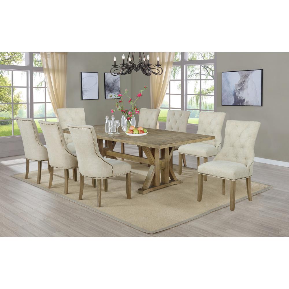 Best Quality Furniture Classic 9pc Dining Set with Extendable Dining Table w/Center 24" Leaf and Uph Side Chairs Tufted & Nailhead Trim, Beige