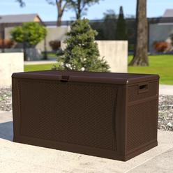 Flash Furniture QT-KTL-4023BRN-GG 120 Gallon Outdoor Waterproof Plastic Deck Storage Box for Patio Cushions&#44; Garden Tools & Pool Toys&#44; B