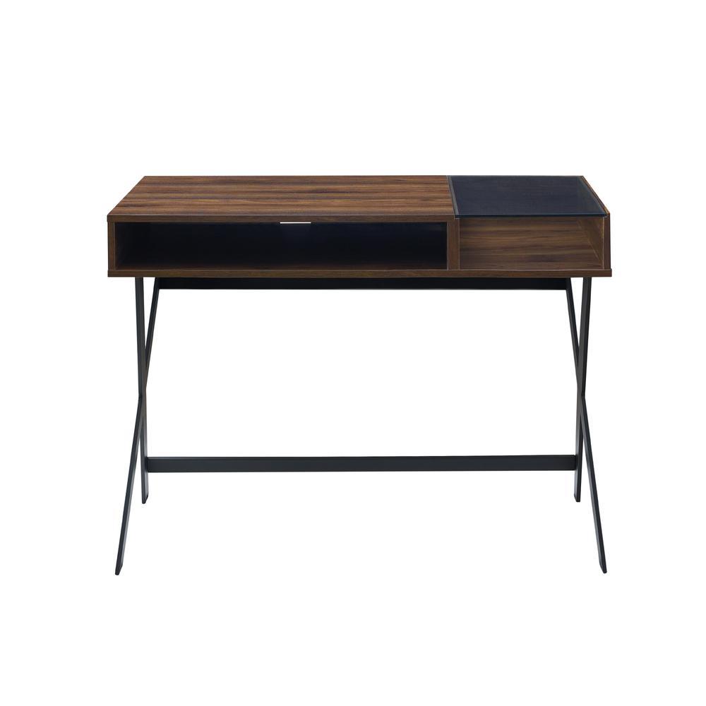 Walker Edison Contemporary Metal-X Leg Glass-Top Computer Desk with Cubby – Dark Walnut