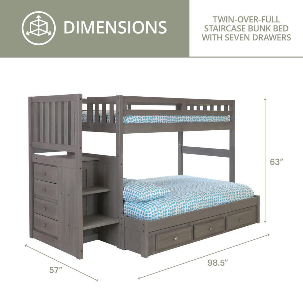 OS Home and Office Furniture Solid Pine Mission Staircase Twin over Full Bunk Bed with Seven Drawers