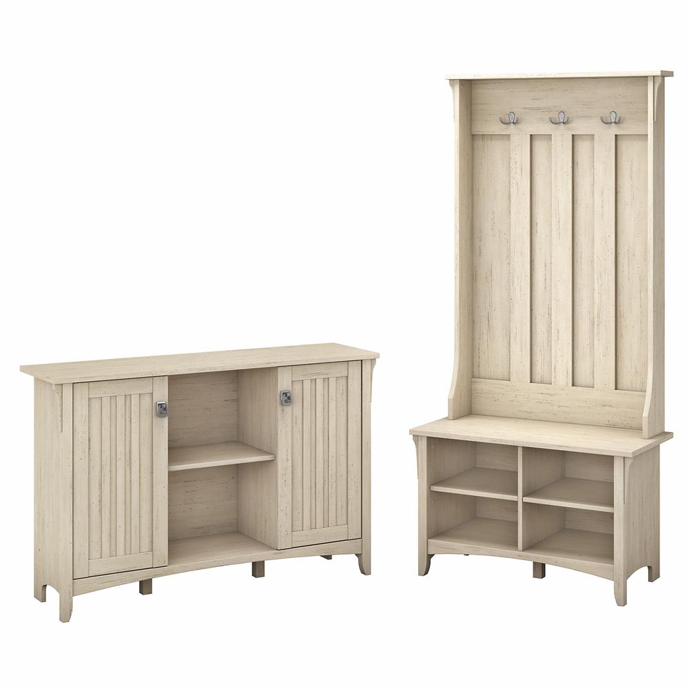 Bush Furniture Salinas Entryway Storage Set with Hall Tree, Shoe Bench and Accent Cabinet in Antique White