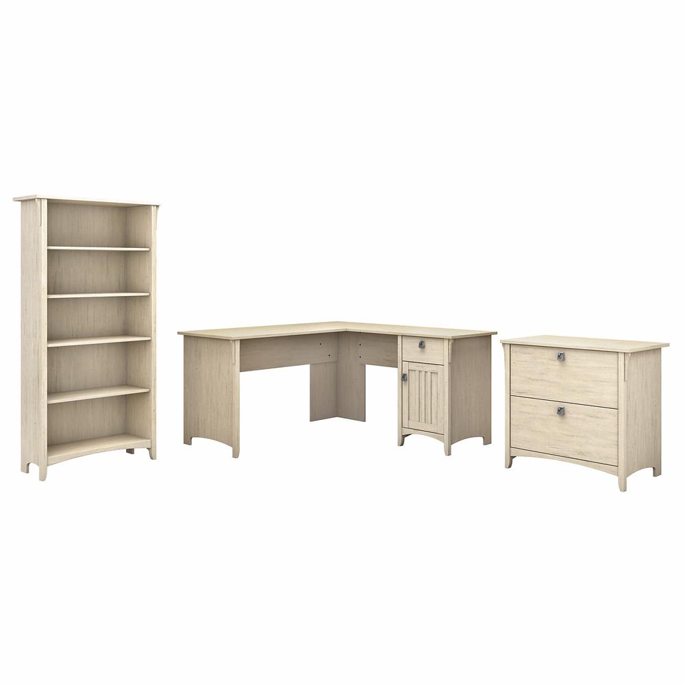 Bush Furniture Salinas 60W L Shaped Desk with Lateral File Cabinet and 5 Shelf Bookcase in Antique White