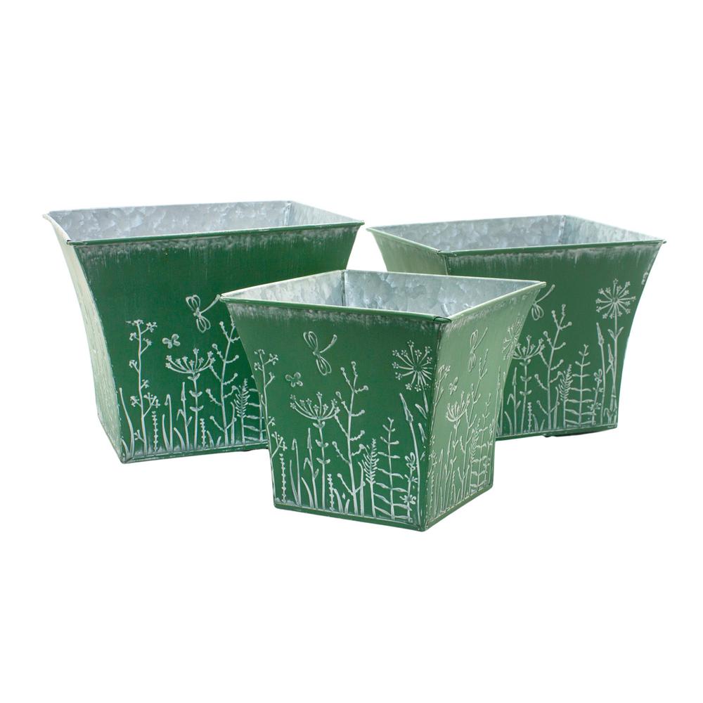 WT Collection Set of 3 Picket Fence Embossed Square Metal Planters