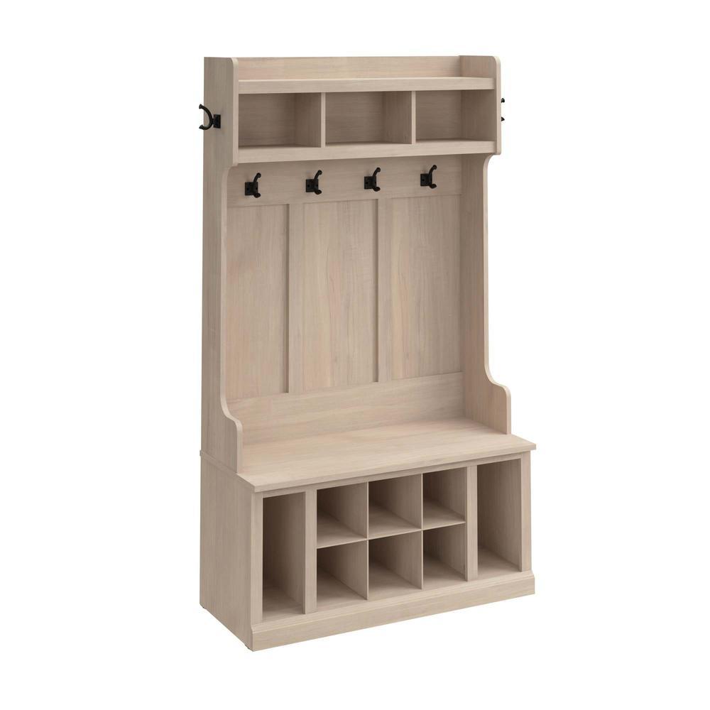 Bush Furniture Woodland 40W Hall Tree and Shoe Storage Bench with Shelves in White Washed Maple