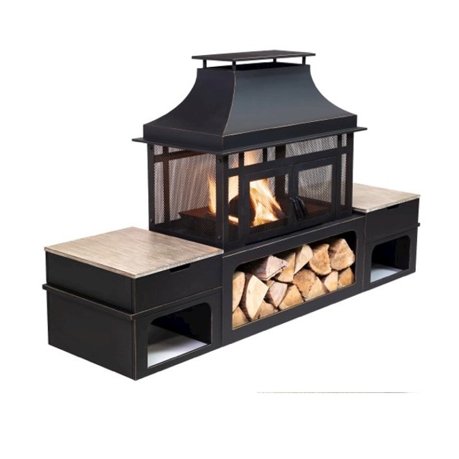 Deko Living 80" Metal Wood Burner Fireplace with Side Storage Tables