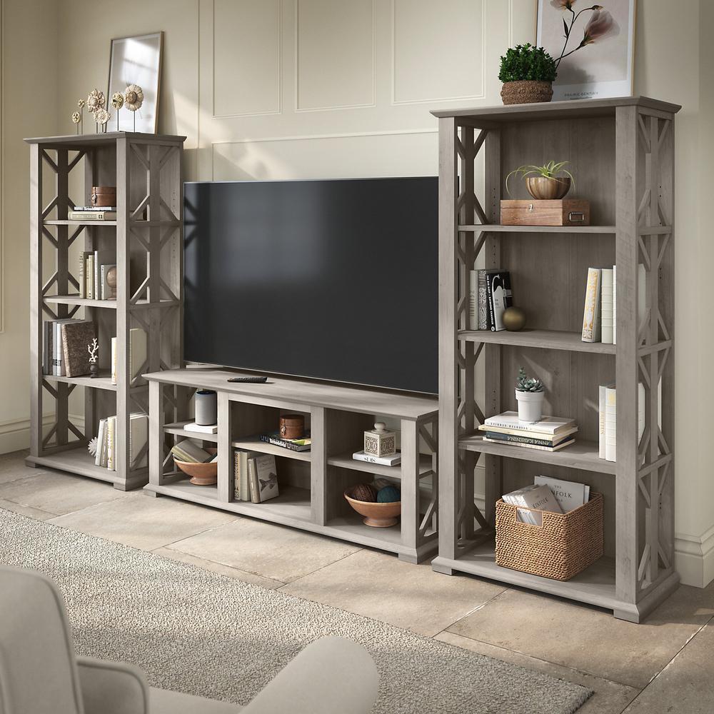 Bush Furniture Homestead Farmhouse TV Stand for 70 Inch TV with 4 Shelf Bookcases, Driftwood Gray