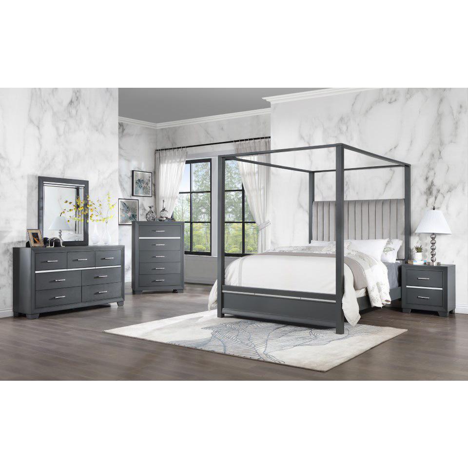 Pendry Studio Abrie Tall Canopy Velvet Channeled 5pc Queen Bedroom Set
