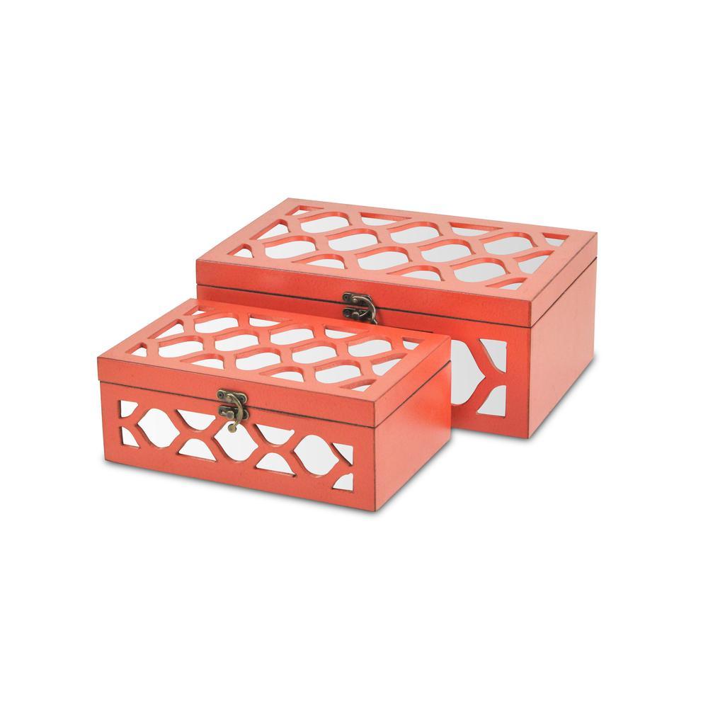 Cheungs Set of 2 Orange Wood Boxes with Overlayed Mirror Panels