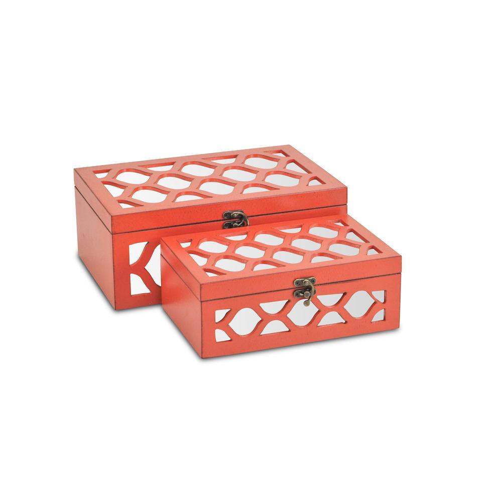 Cheungs Set of 2 Orange Wood Boxes with Overlayed Mirror Panels